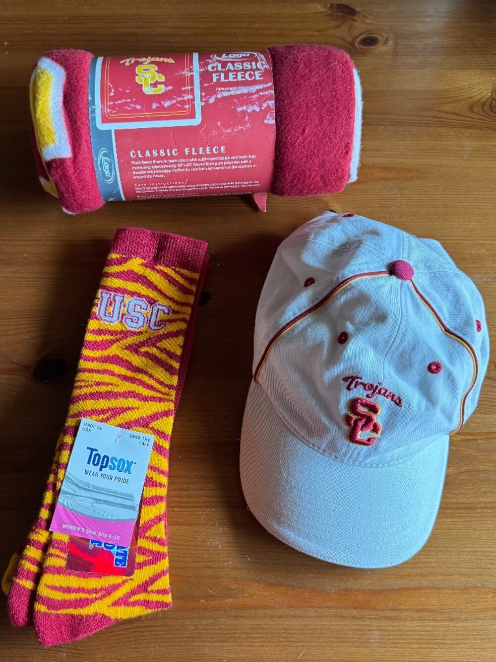 VTG USC Trojans Adjustable Hat, New Two Pack Unisex Socks, Logo Fleece Throw